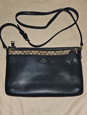 Coach Black Leather Crossbody with Signature Tan Canvas Accent
